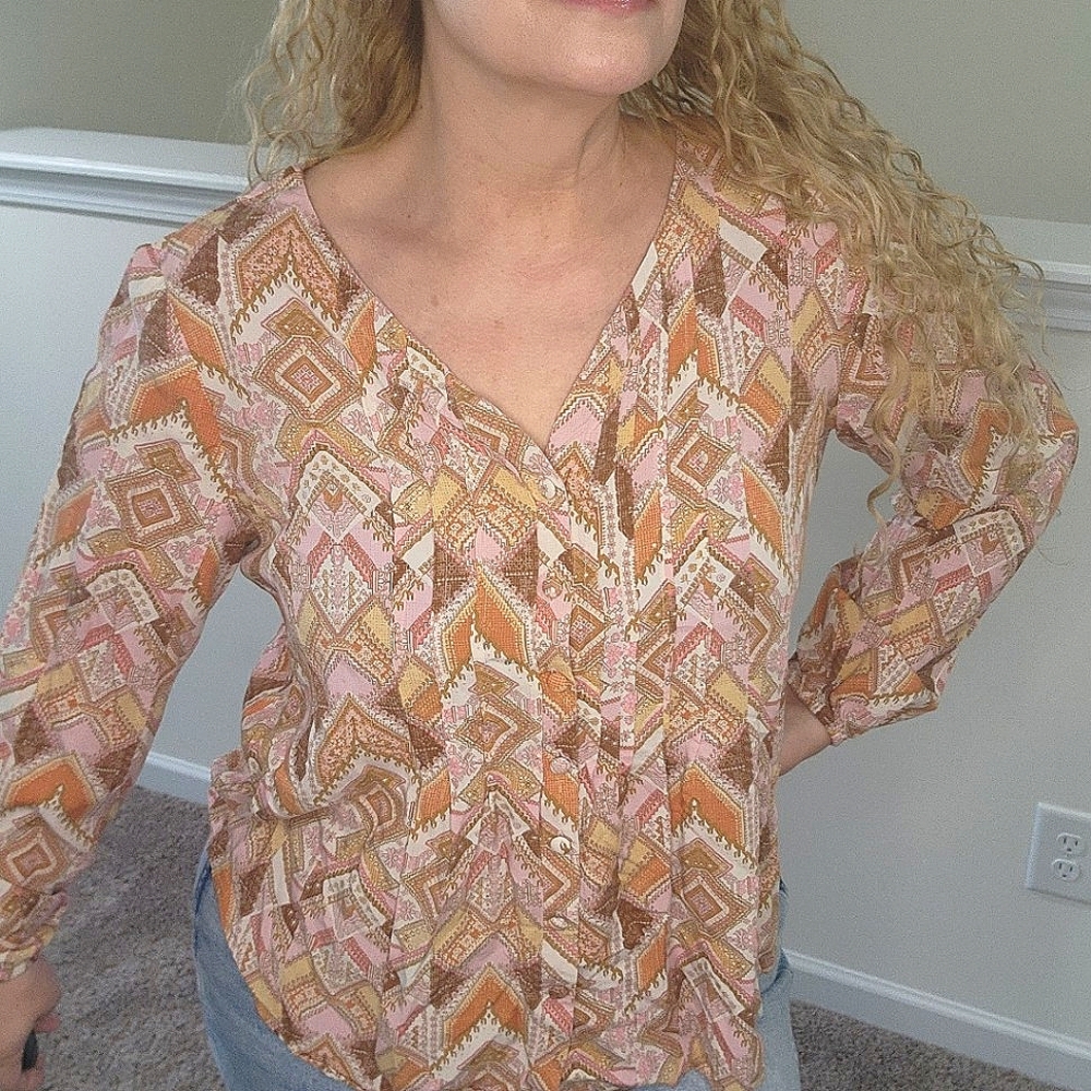 J. Jill blouse long sleeve lighyweight button front pleated blouse SZ M